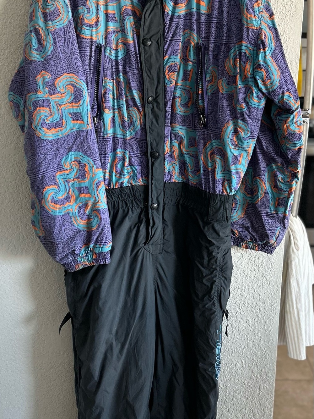 Vintage O'Neill Purple Patterned Ski Jacket with Black Bibs